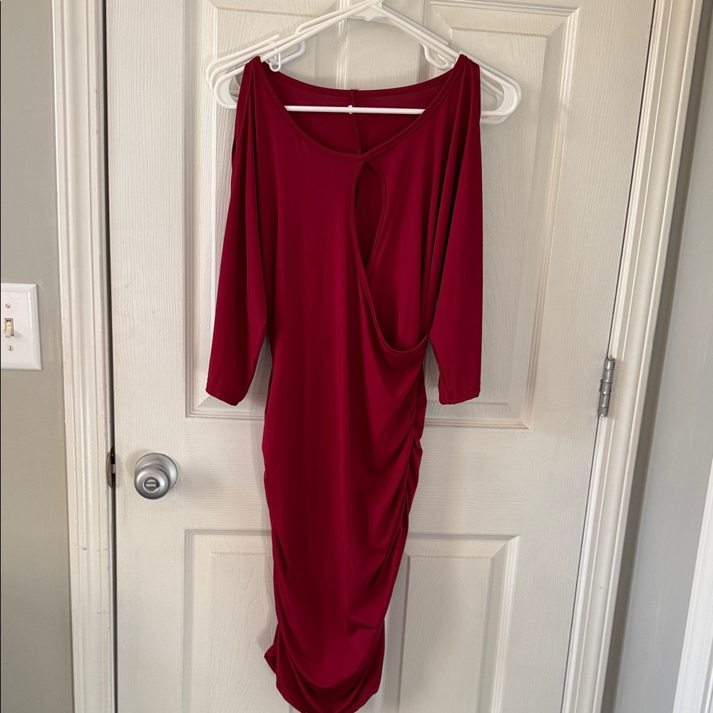 SHEIN Wine Red One-Shoulder Ruched Cutout Midi Dress